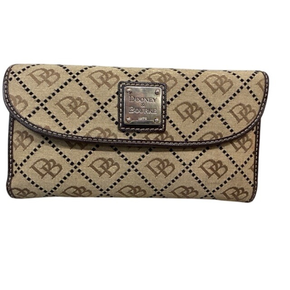 Dooney & Bourke Monogram Canvas Continental Clutch Wallet Brown Tan Leather Trim